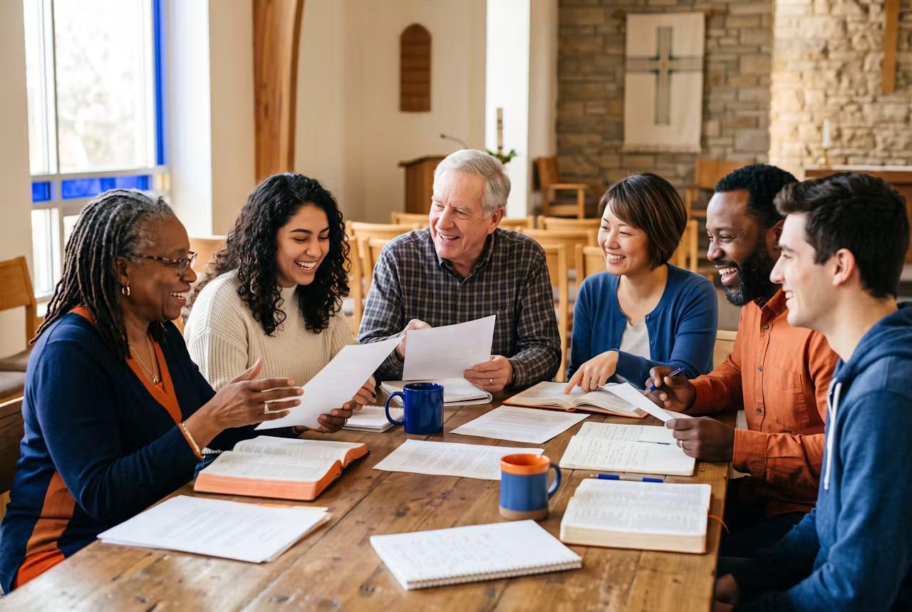 A small group of Christian writers sharing their manuscripts