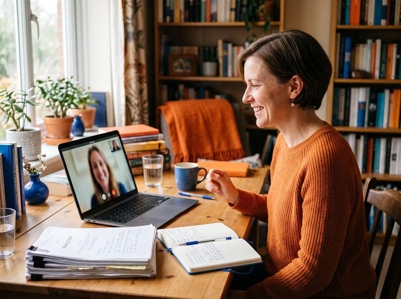 An author on a video call with a publishing consultant
